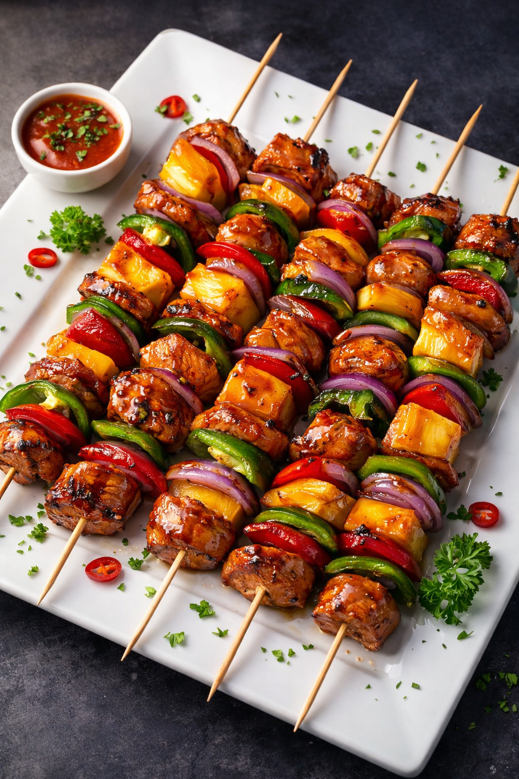 Grilled meat and pineapple skewers with peppers and onions served on platter at Chocolate City Bar & Restaurant.